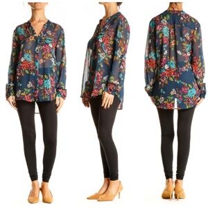 VGUC Kut from the Kloth roll tab sleeve semi sheer floral print button shirt XS